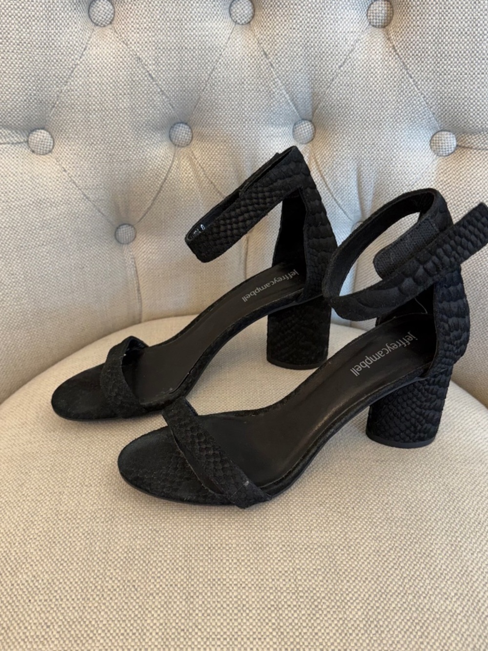 JEFFREY CAMPBELL LAURA Women’s 8 Black Embossed Suede Ankle Strap Block Heel